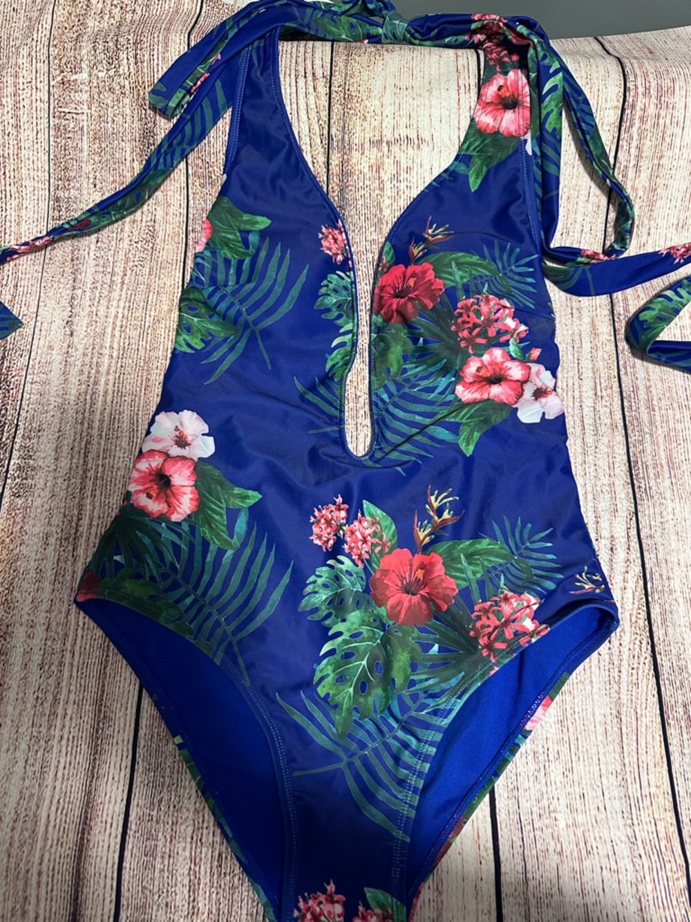 Womens Blue Tropical Floral One-Piece Swimsuit